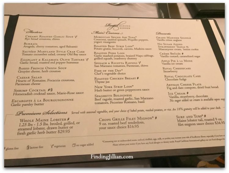 image of cruise dining room menu