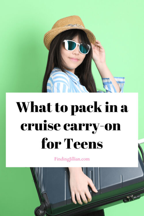 Girl holding suitcase and title card for what to pack in a carry on for a teen
