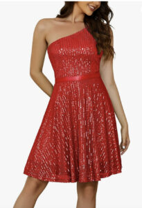 image of red, sparkly, one shoulder cocktail dress