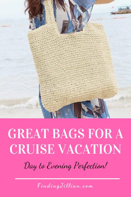 Great Bags for Your Cruise Vacation Pinterest Image with woven beach bag