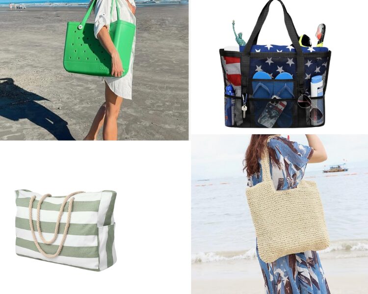 collage image of 4 beach bags for a cruise